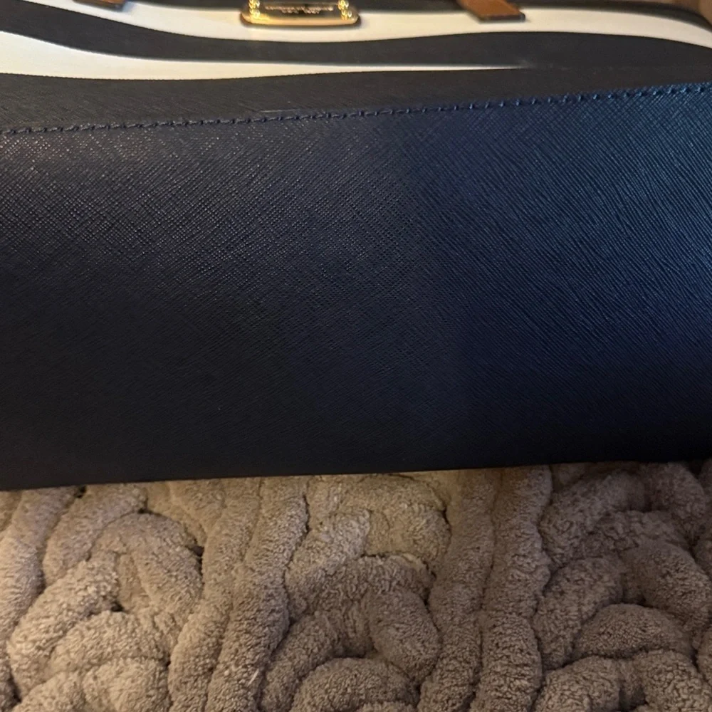 Michael Kors Navy and White Striped Tote with Brown Handles - Picture 5 of 7